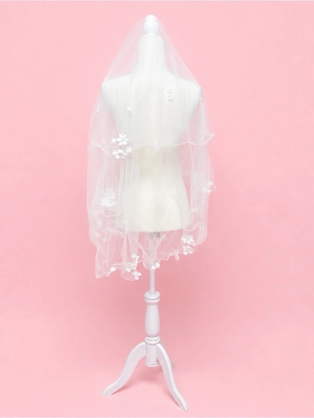 White Bridal Veil with Floral Appliqués and Pearl Accents